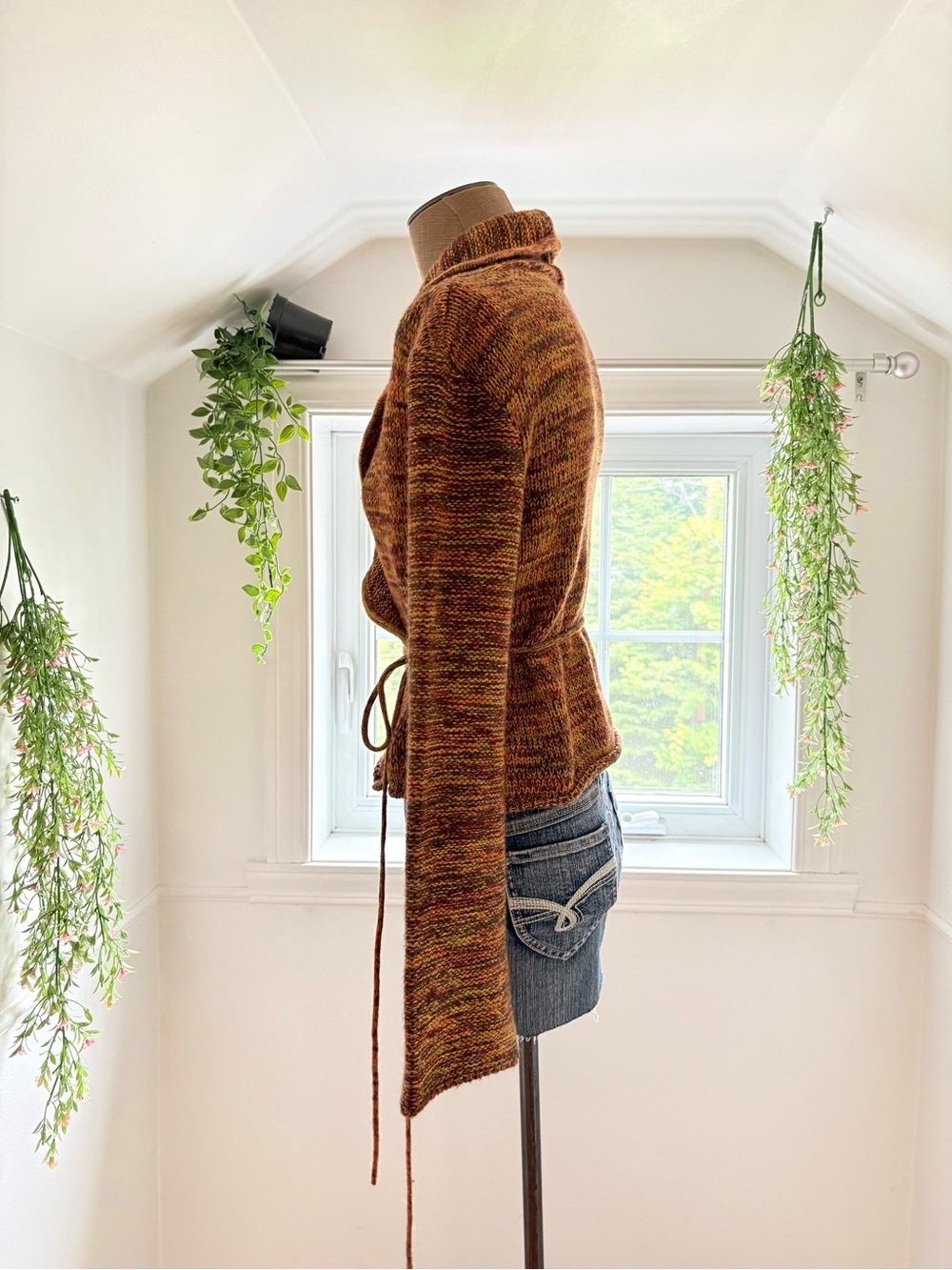 Hand-Knit Burnt Orange Wrap Sweater with Embroidered Detail - Picture 2 of 5